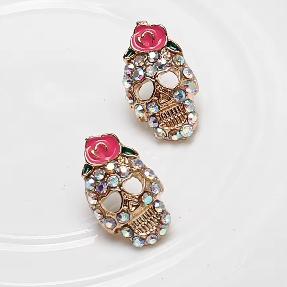 Halloween Skeleton Gold Crystal Earrings - Picture 10 of 13